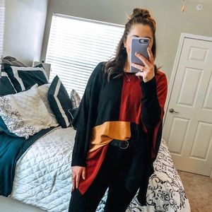 August Silk Colorblock Poncho Black Red Tan M